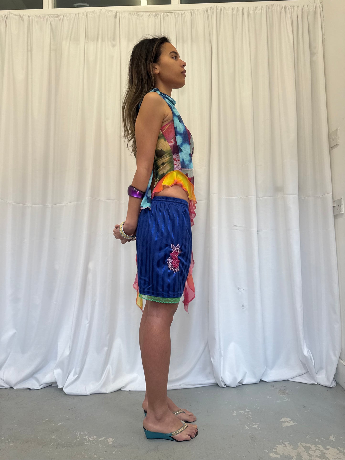 Blue Shorts with Green Lace Trim