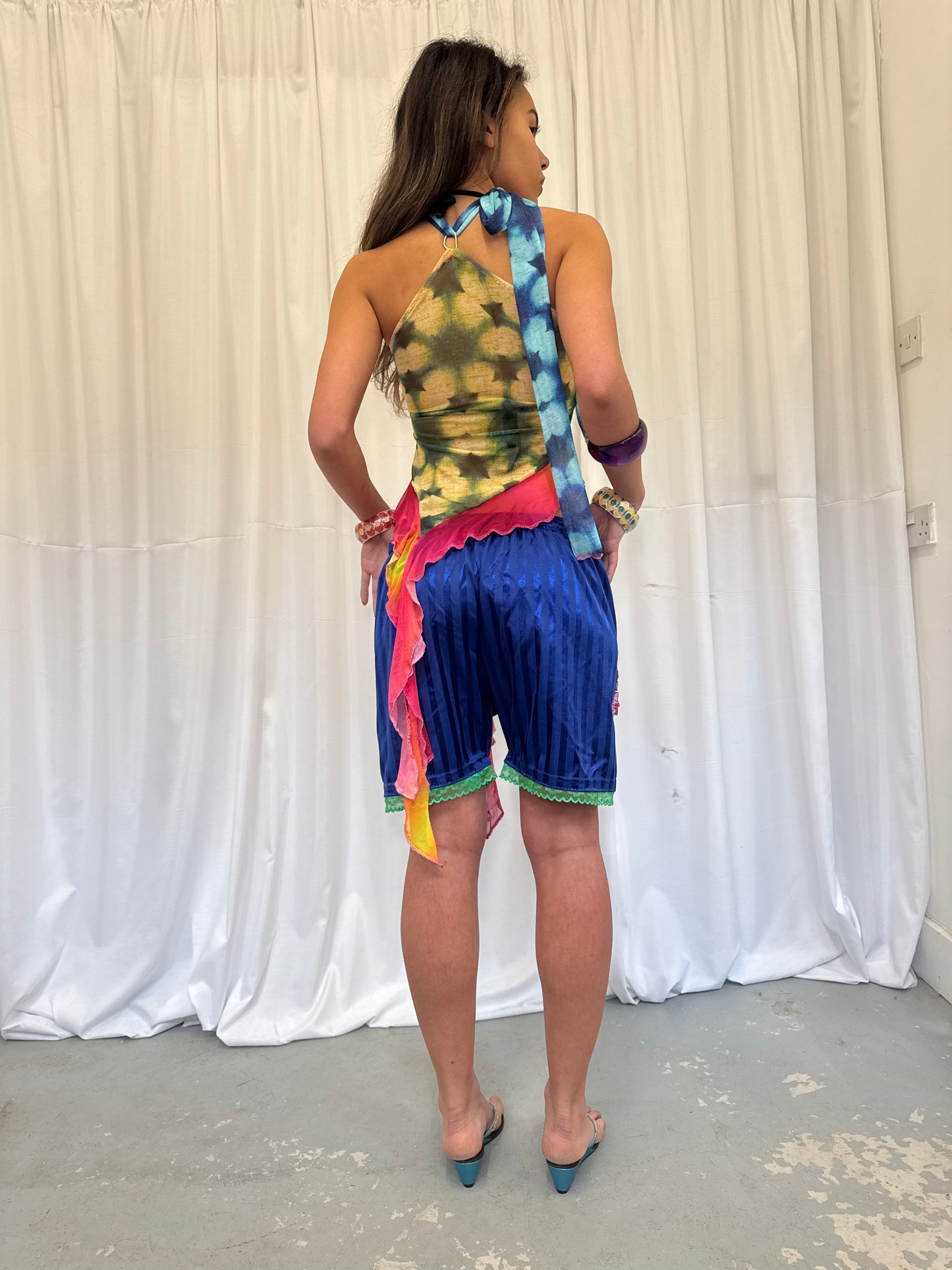 Blue Shorts with Green Lace Trim