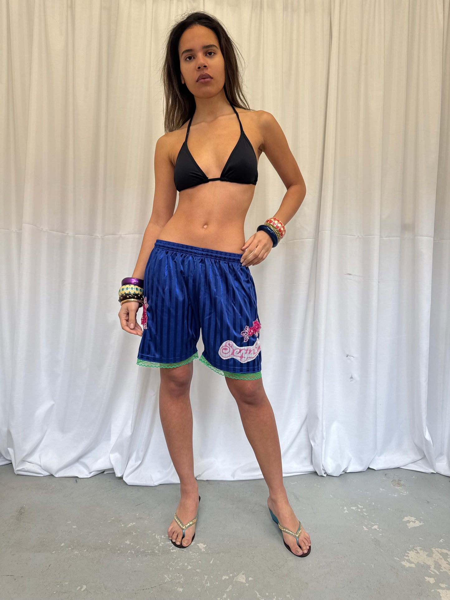 Blue Shorts with Green Lace Trim