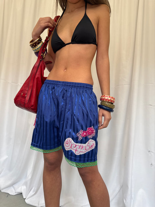 Blue Shorts with Green Lace Trim