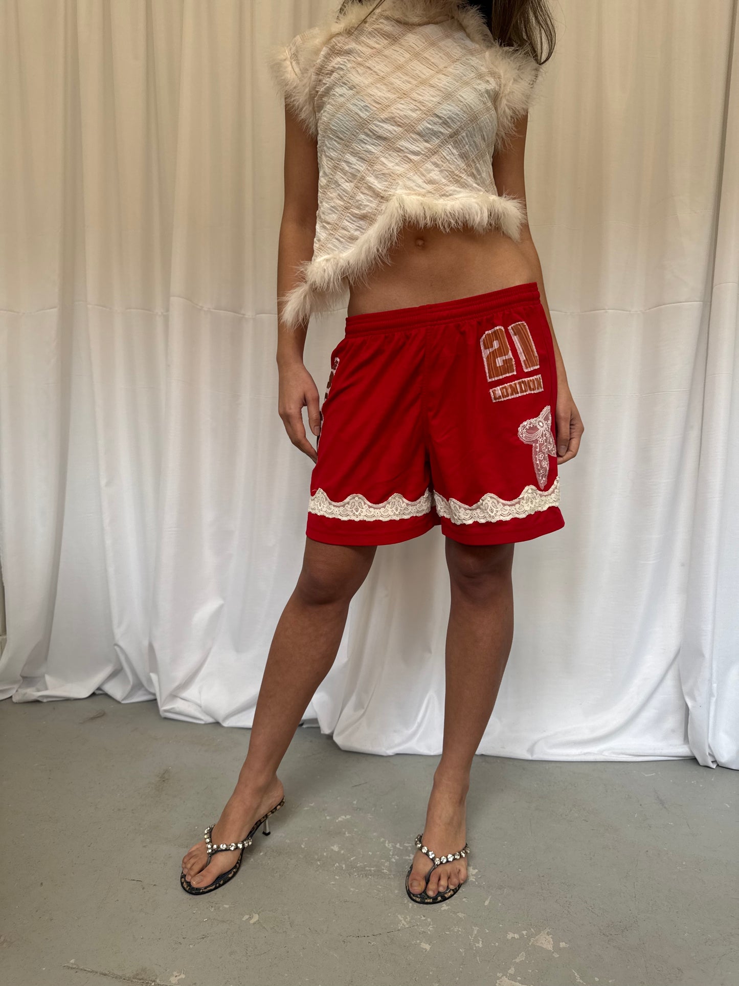 Dark Red Shorts with Cream Lace