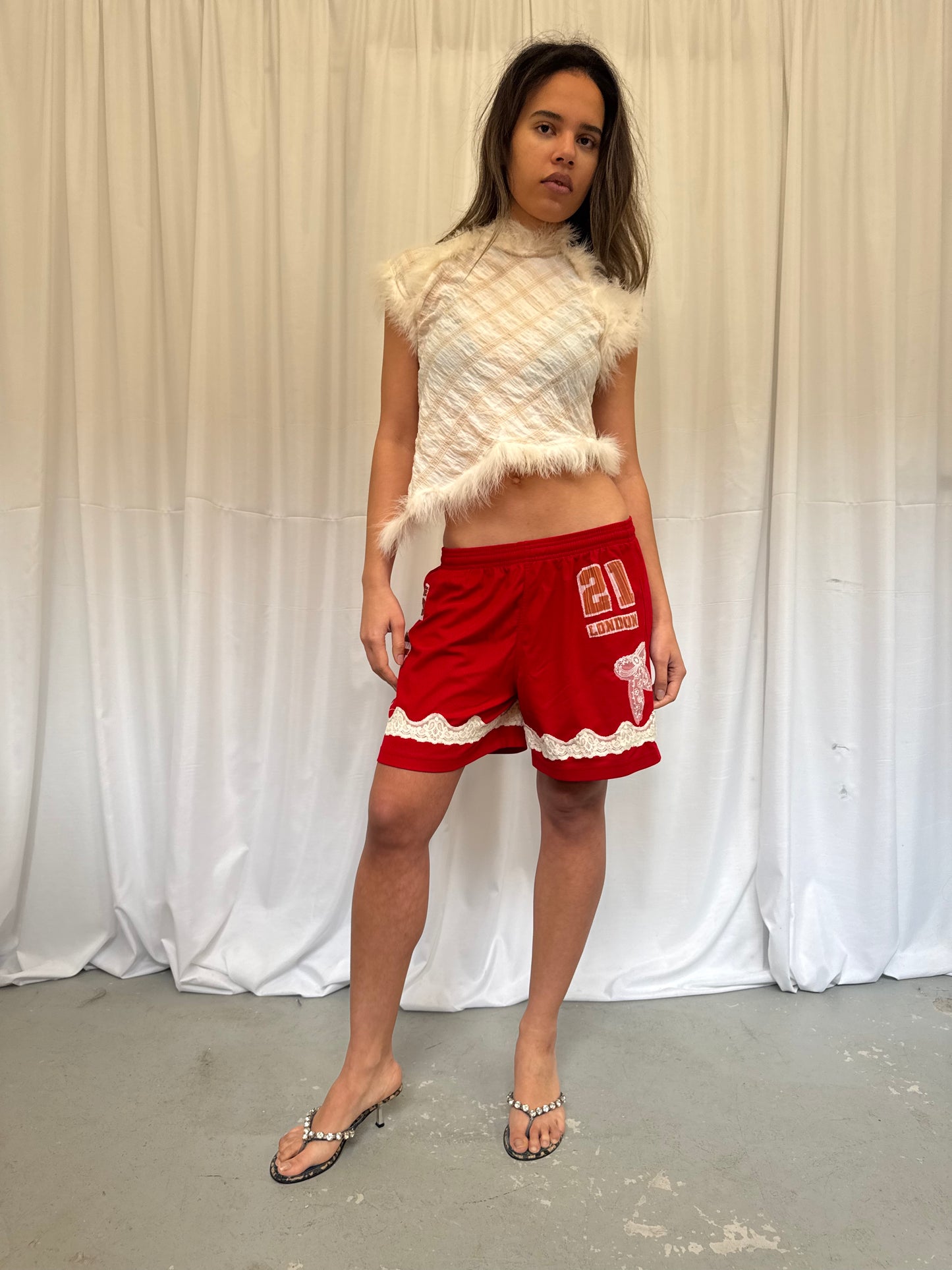 Dark Red Shorts with Cream Lace