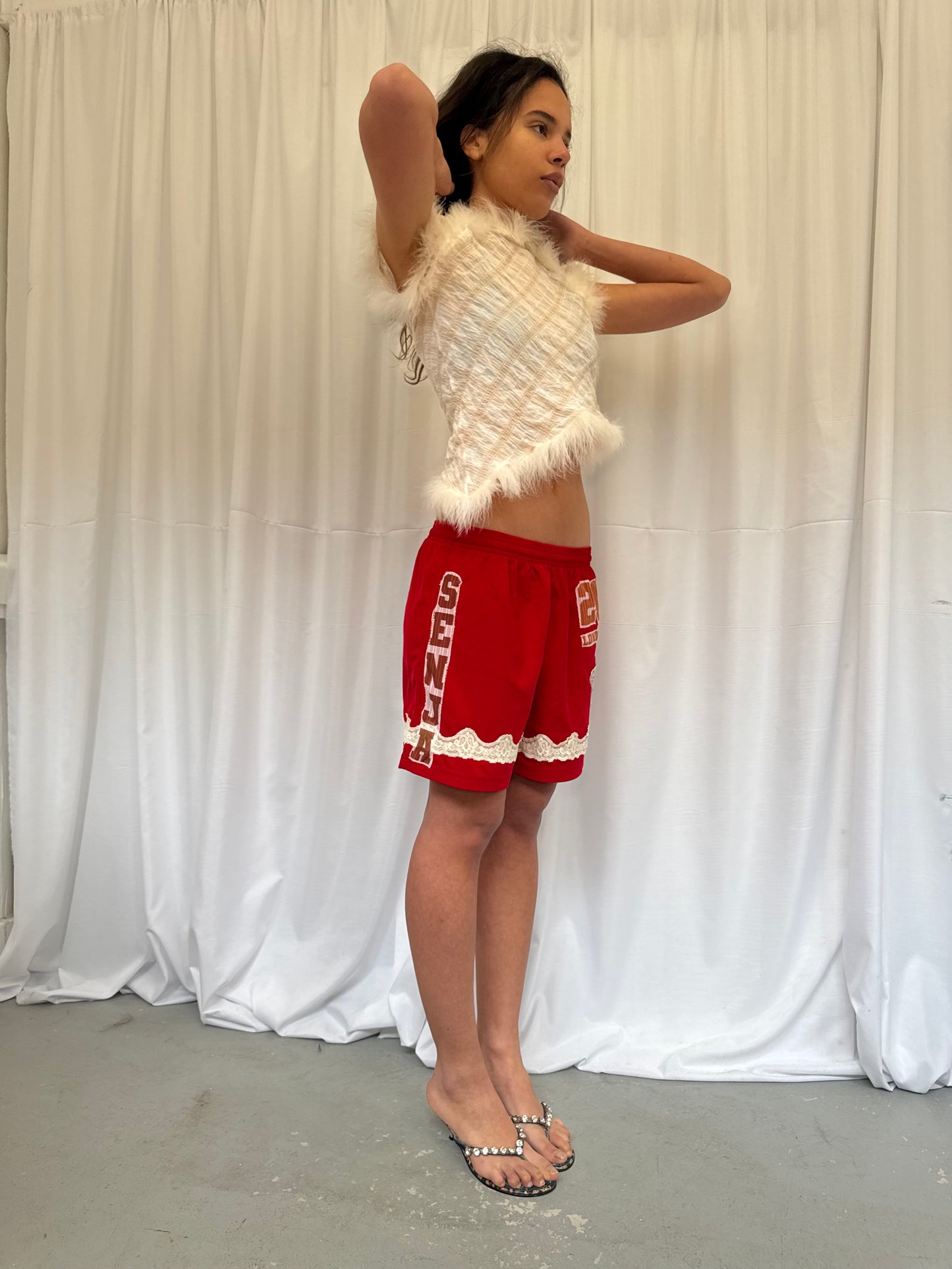 Dark Red Shorts with Cream Lace