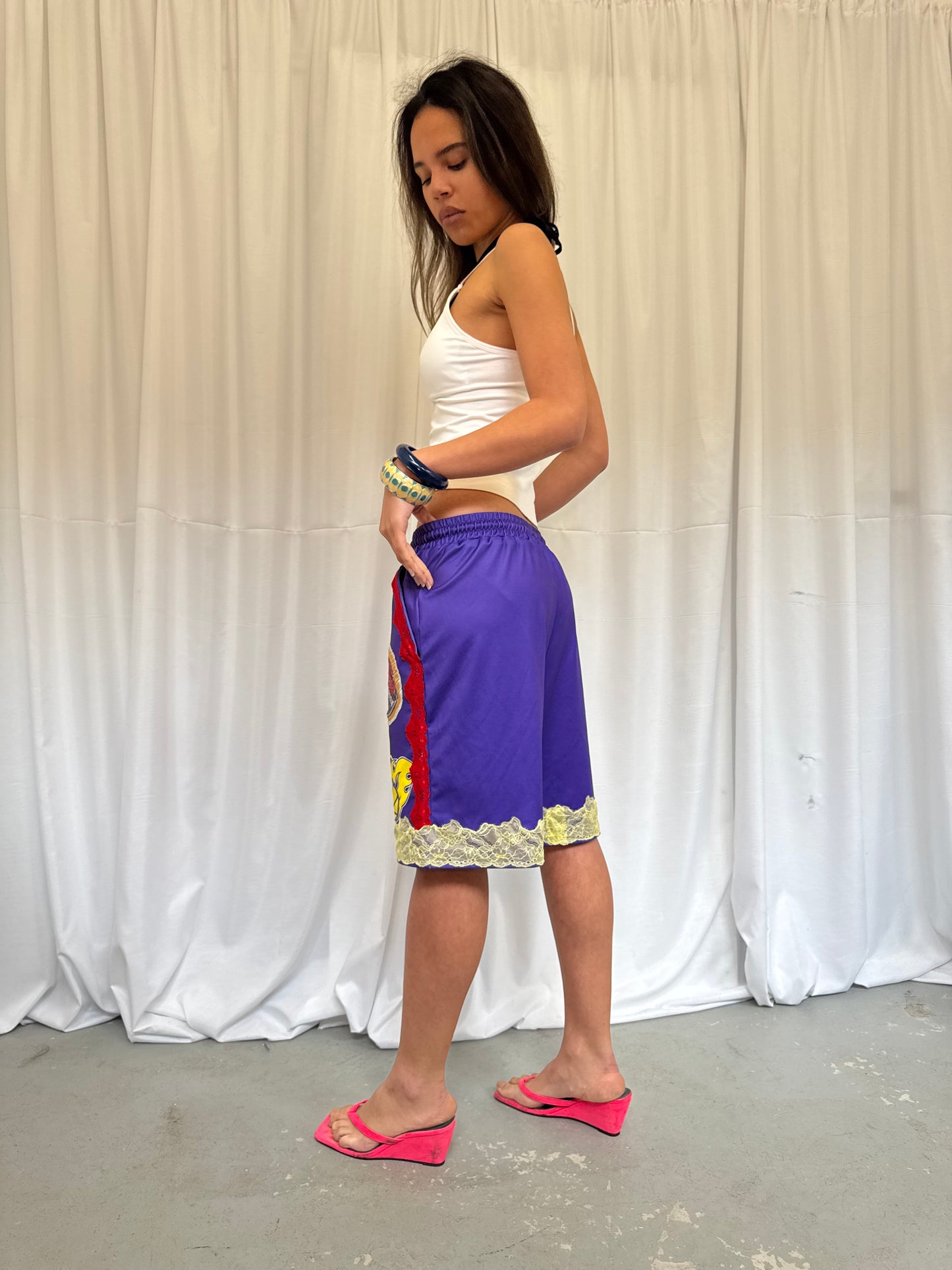 Purple Basketball Shorts with Yellow Lace Trim