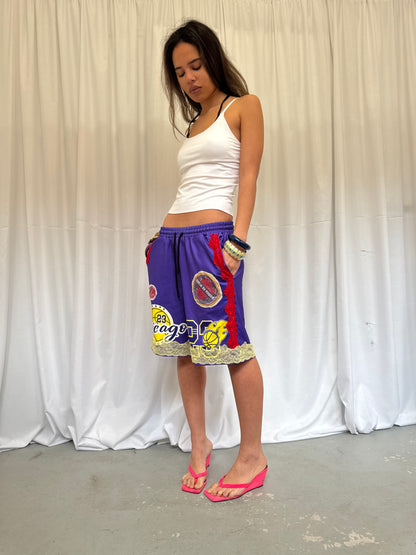 Purple Basketball Shorts with Yellow Lace Trim