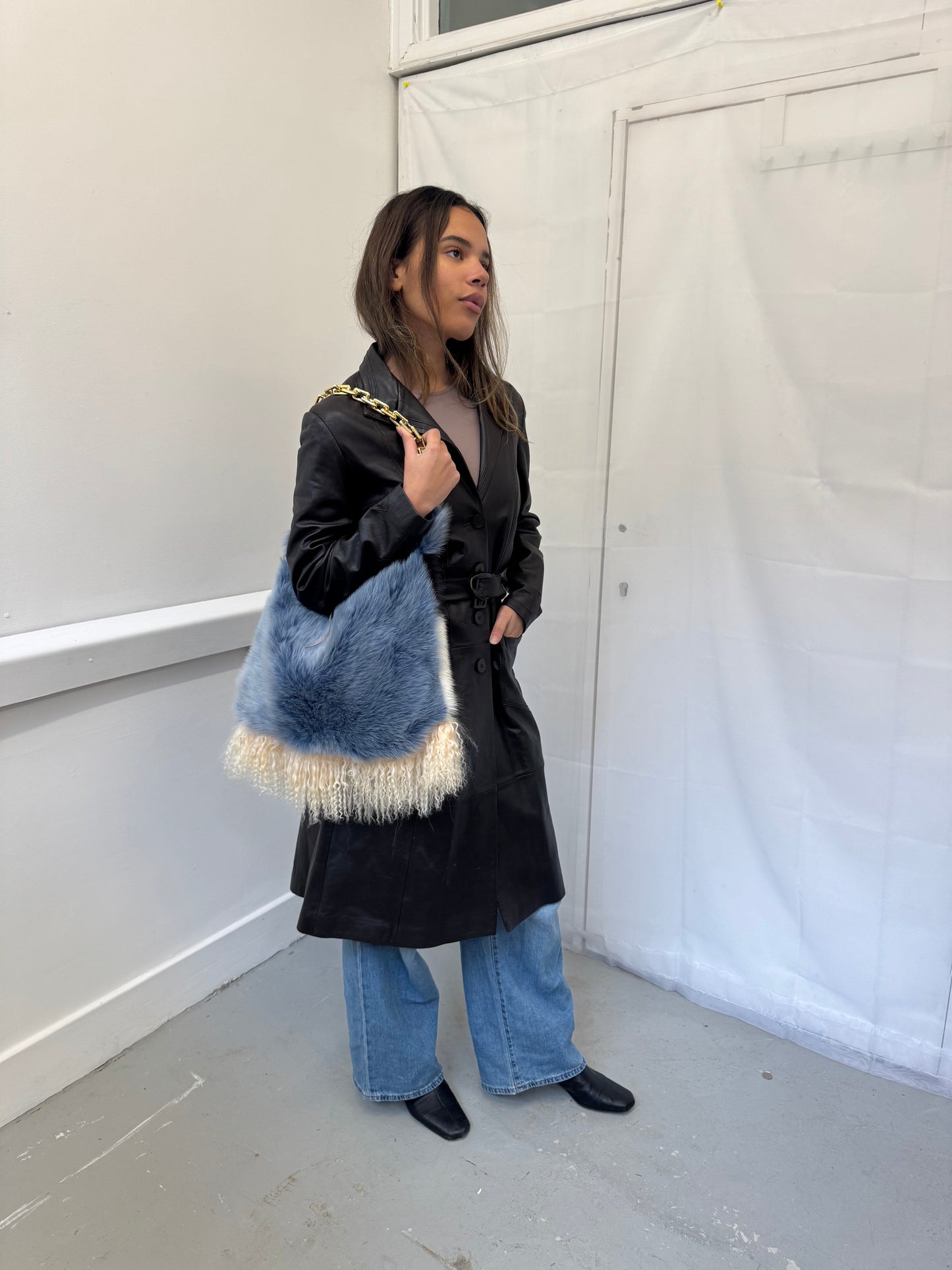 Blue Cow Hide Fluffy Bag