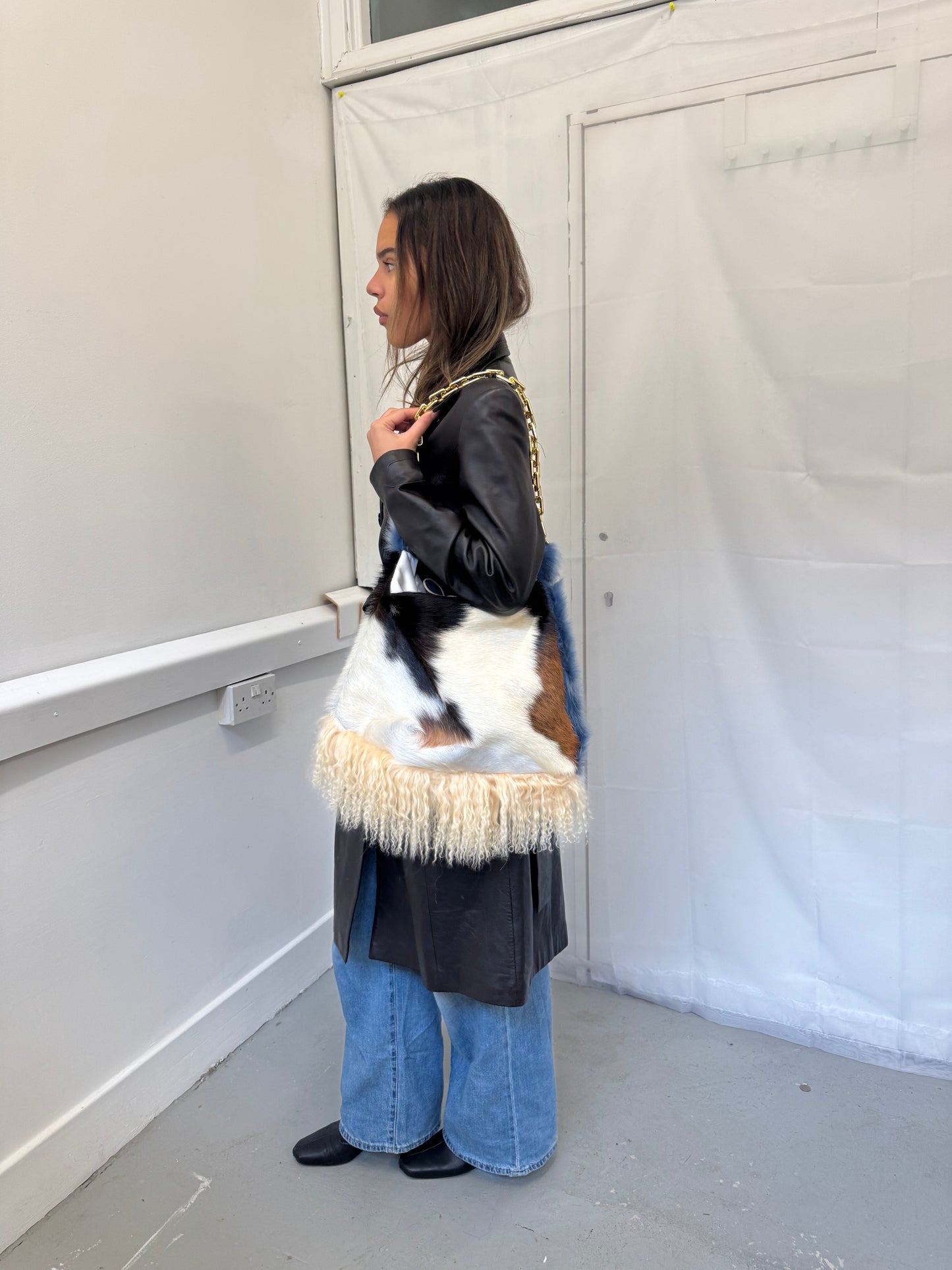 Blue Cow Hide Fluffy Bag