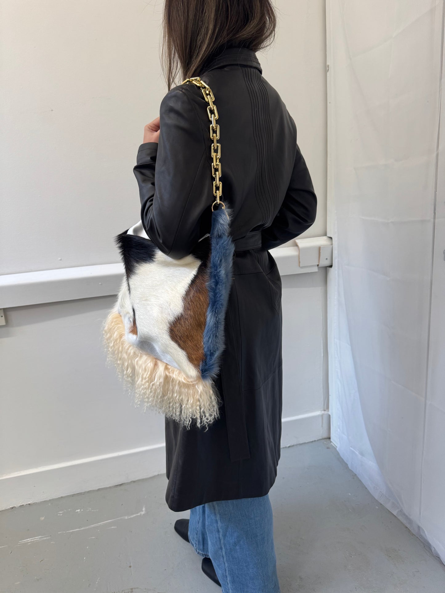 Blue Cow Hide Fluffy Bag