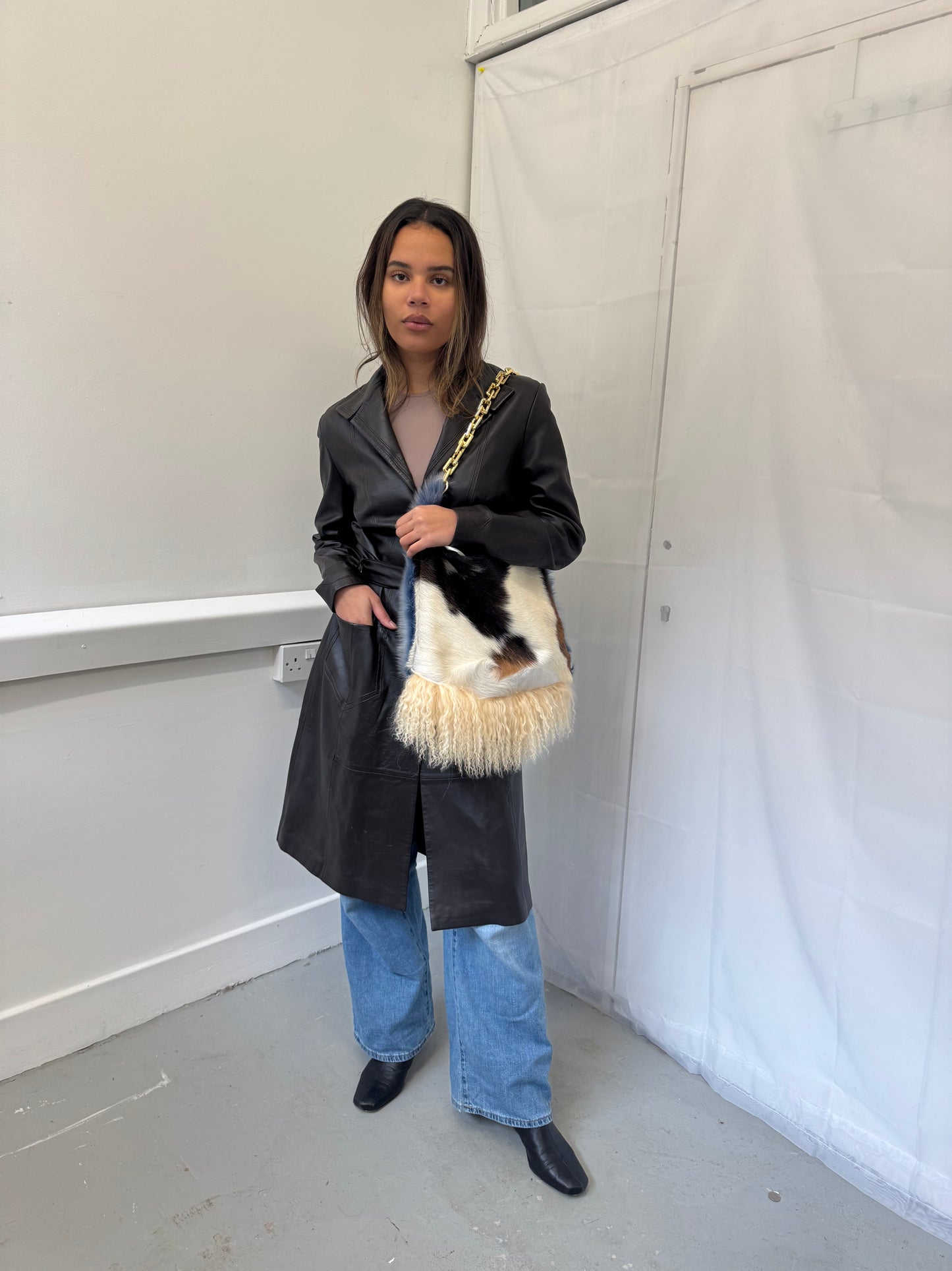 Blue Cow Hide Fluffy Bag