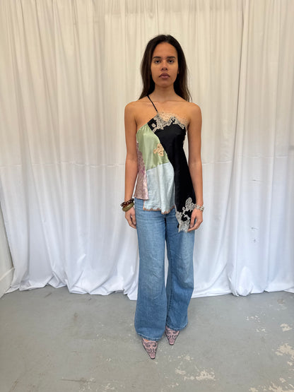 Upcycled One-Shoulder Black Lace Top