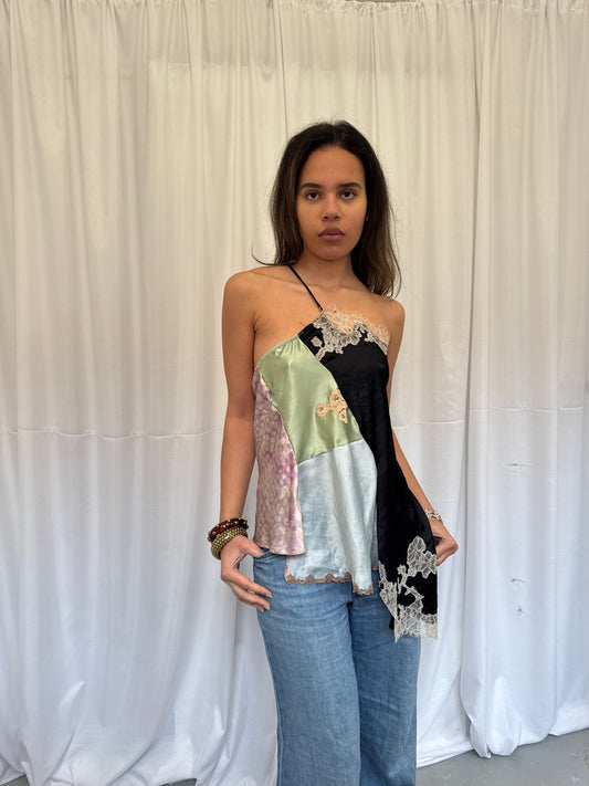 Upcycled One-Shoulder Black Lace Top