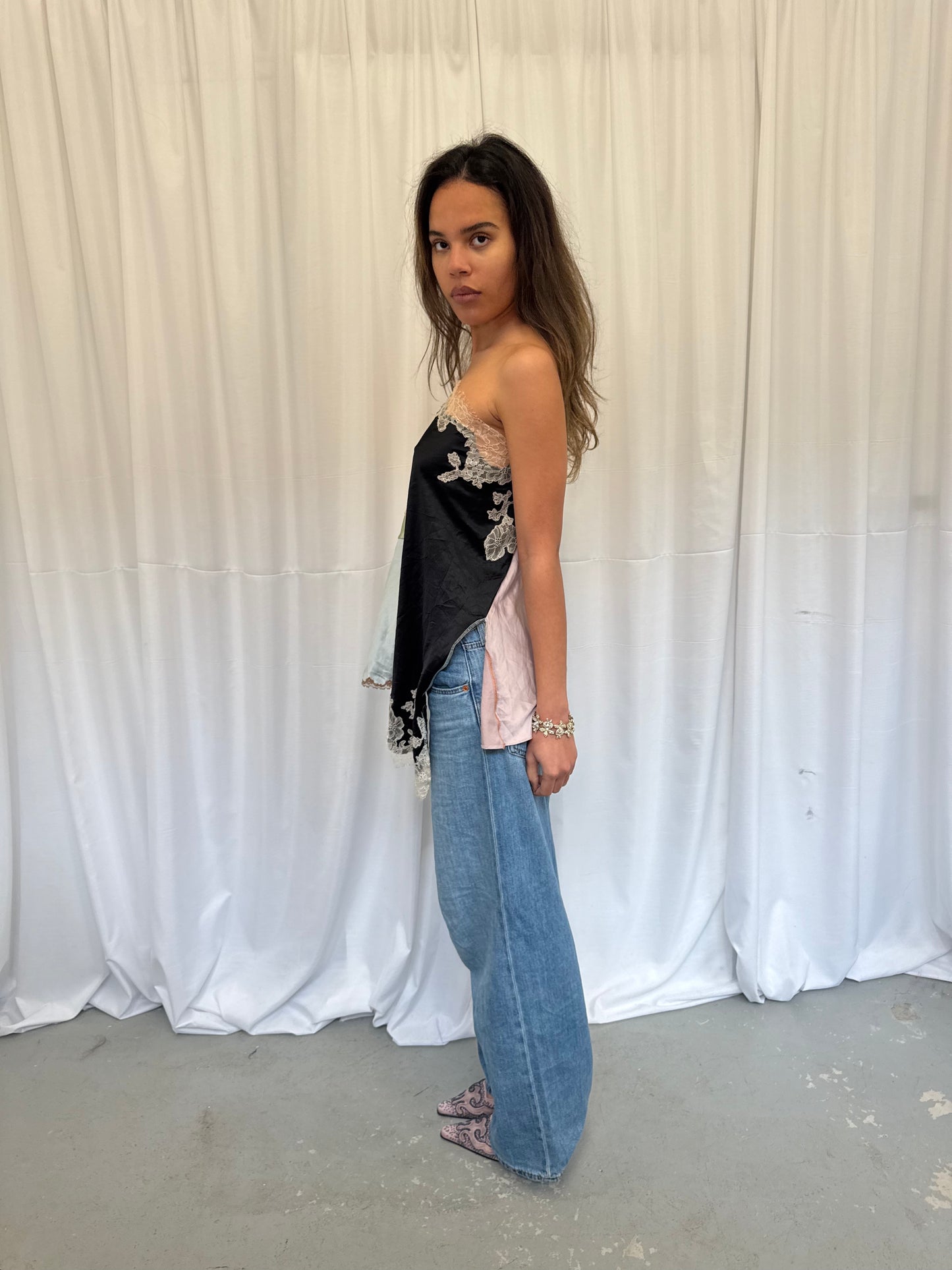 Upcycled One-Shoulder Black Lace Top