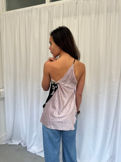 Upcycled One-Shoulder Black Lace Top