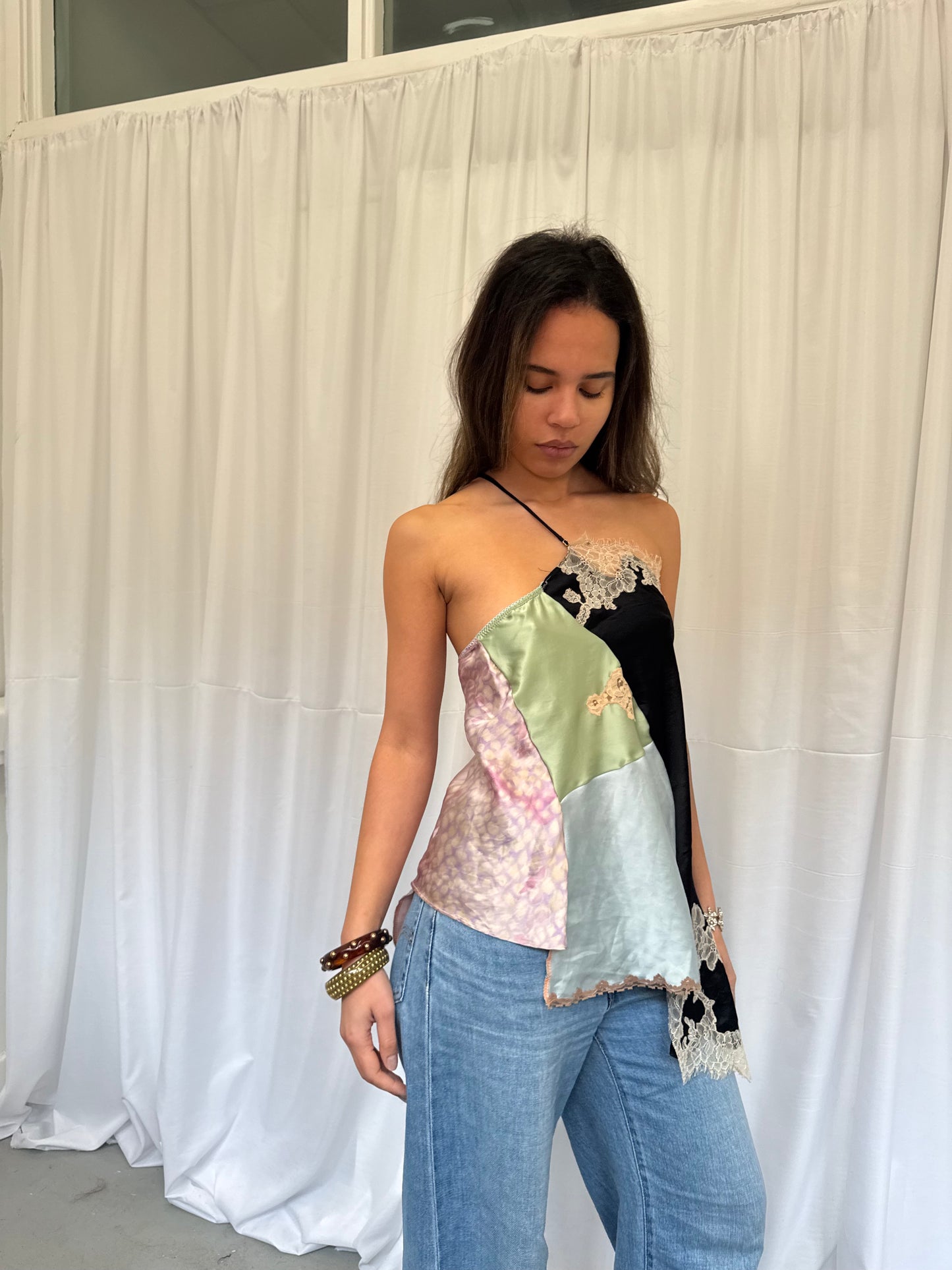 Upcycled One-Shoulder Black Lace Top