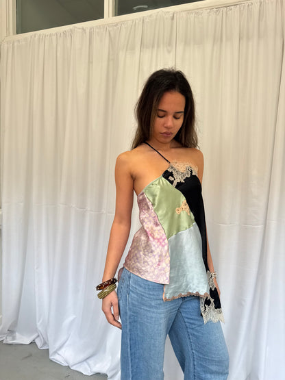 Upcycled One-Shoulder Black Lace Top