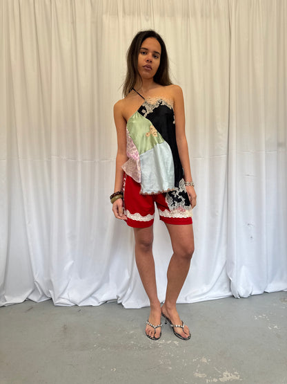 Upcycled One-Shoulder Black Lace Top