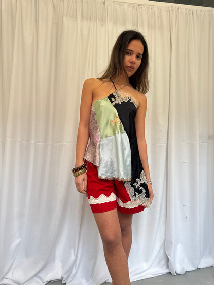 Upcycled One-Shoulder Black Lace Top