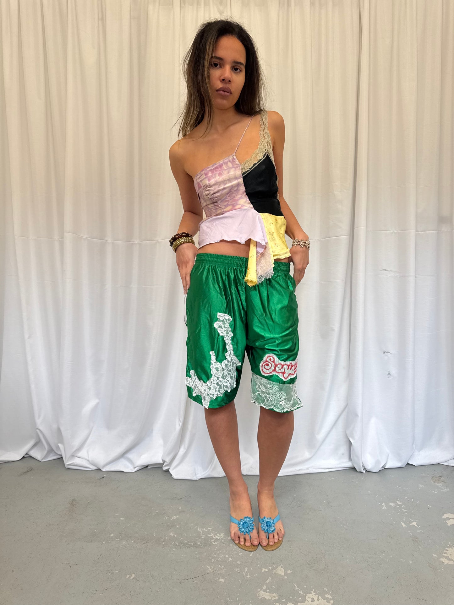 Upcycled One-Shoulder Ruffle Crop Top