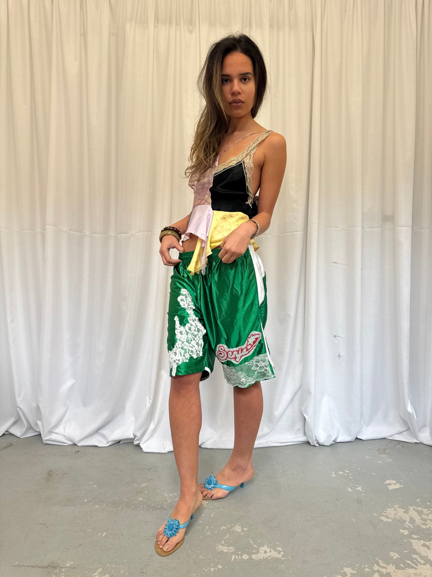 Upcycled One-Shoulder Ruffle Crop Top