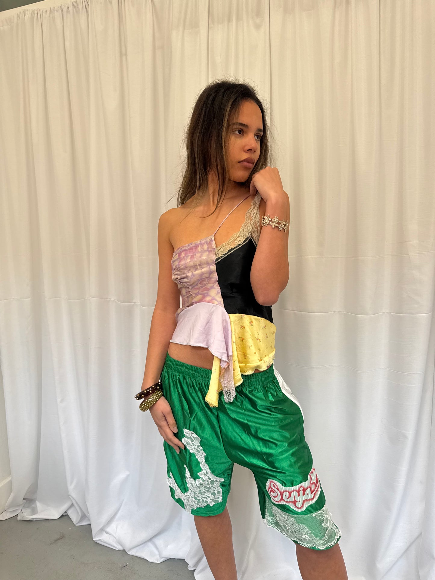 Upcycled One-Shoulder Ruffle Crop Top