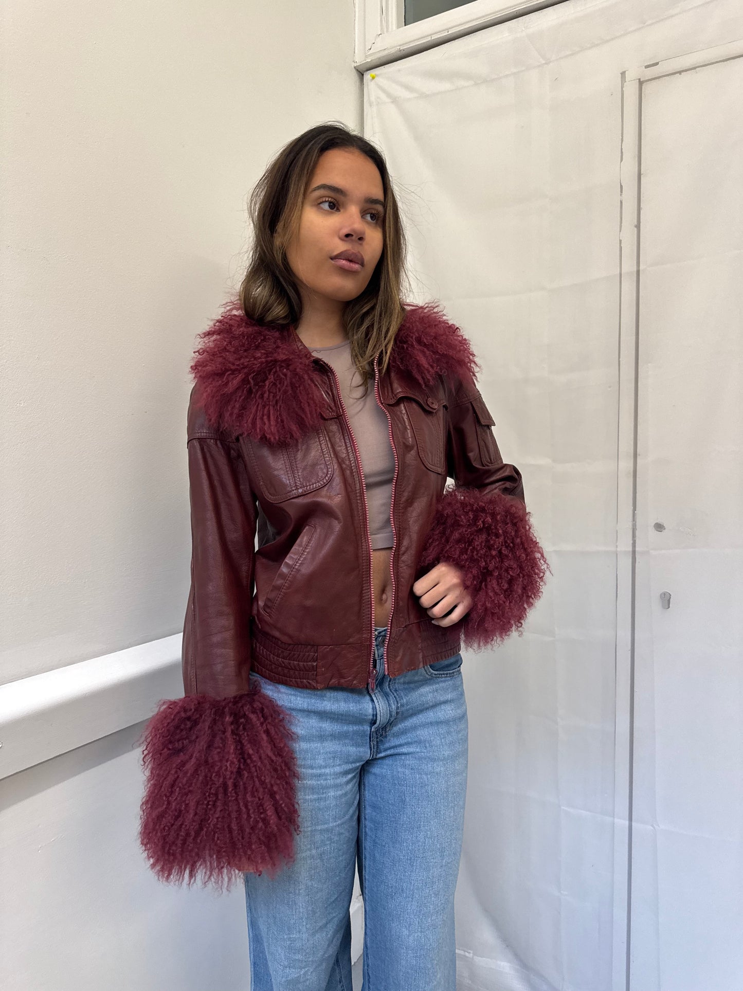 Burgundy Leather Bomber Jacket