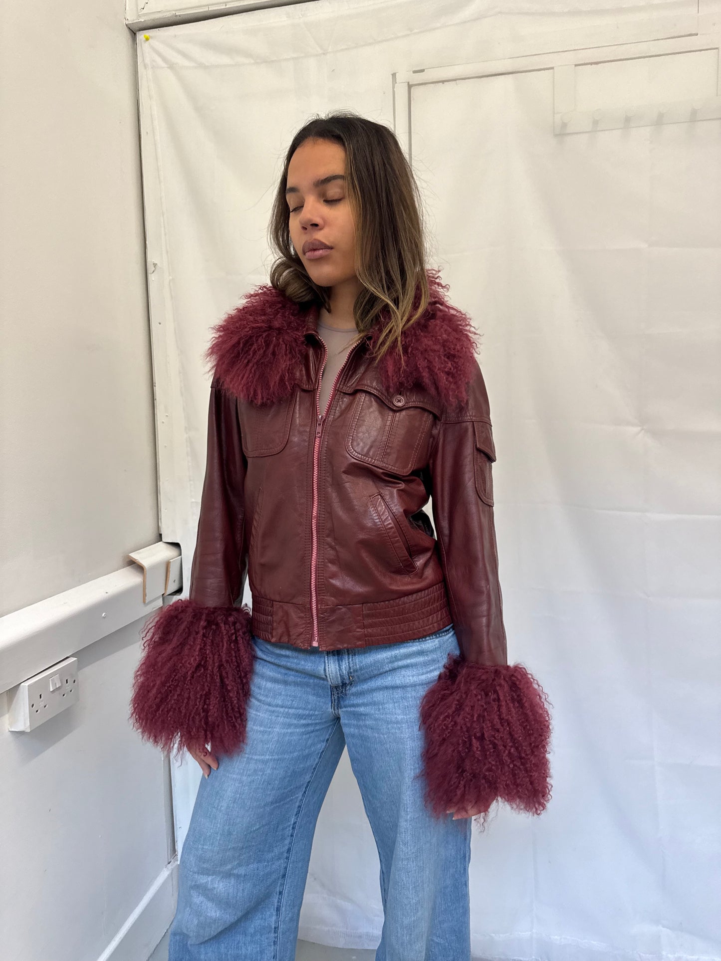 Burgundy Leather Bomber Jacket