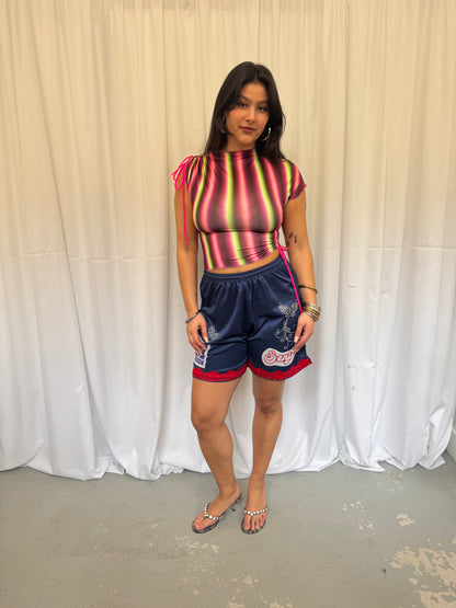 Navy Blue Shorts with Red Lace Trim