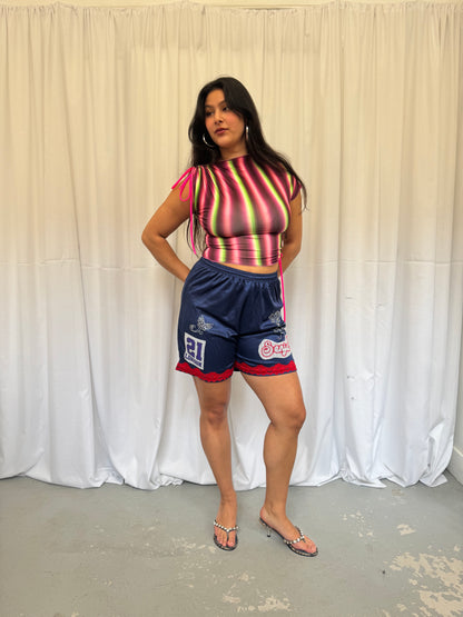 Navy Blue Shorts with Red Lace Trim