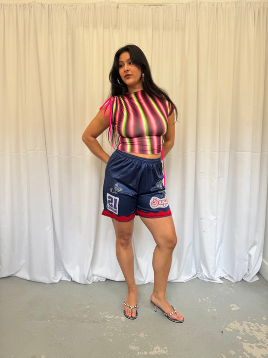 Navy Blue Shorts with Red Lace Trim