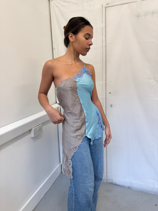 Upcycled blue and grey one-shoulder top