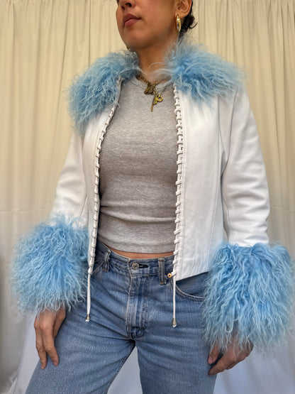White Leather Jacket with Blue
