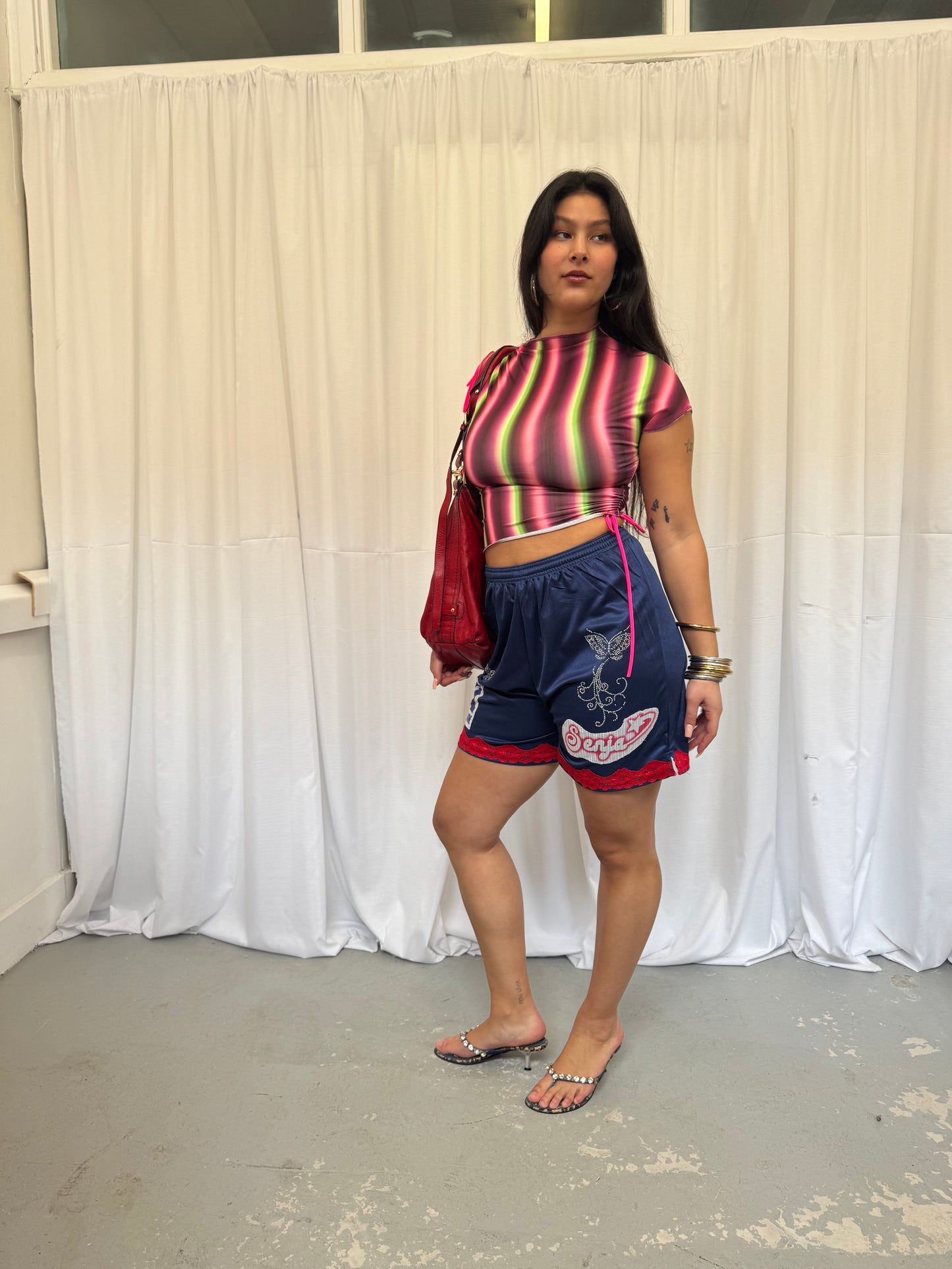 Navy Blue Shorts with Red Lace Trim