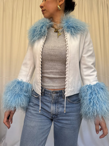 White Leather Jacket with Blue