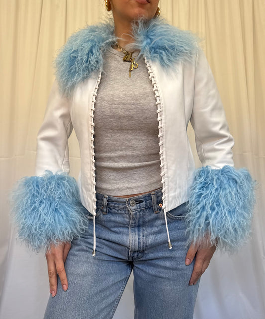 White Leather Jacket with Blue