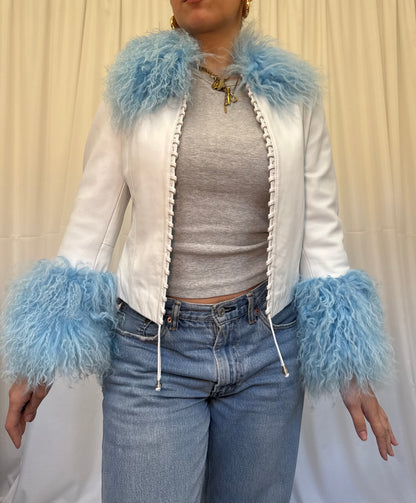 White Leather Jacket with Blue