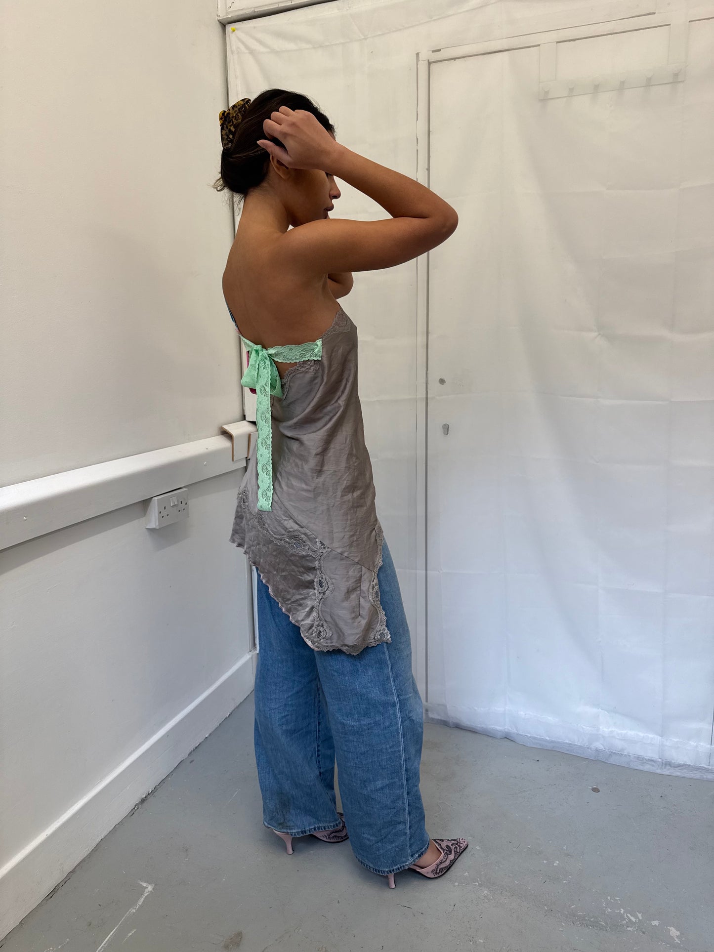 Upcycled blue and grey one-shoulder top