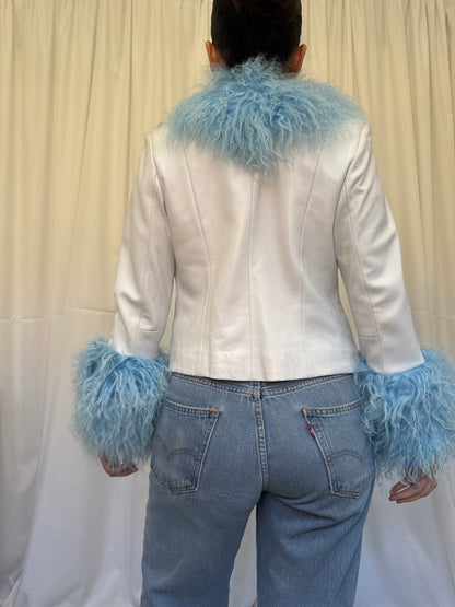 White Leather Jacket with Blue