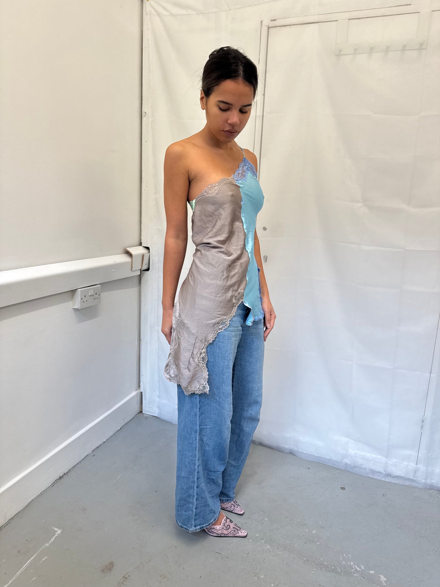 Upcycled blue and grey one-shoulder top