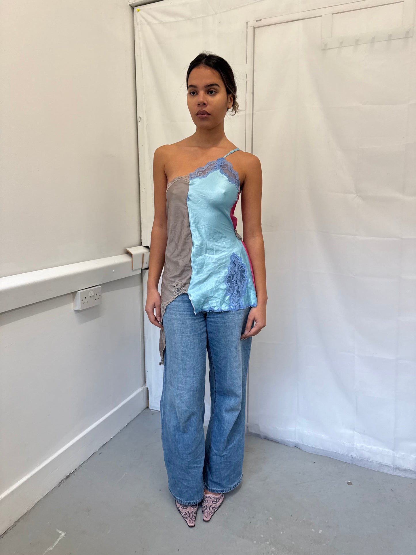 Upcycled blue and grey one-shoulder top