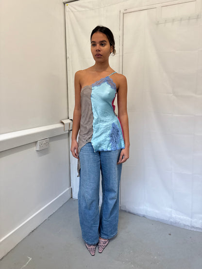 Upcycled blue and grey one-shoulder top