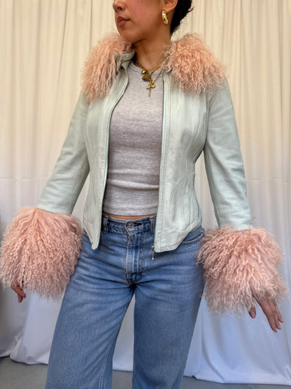 Mint Green Leather Jacket with Pink