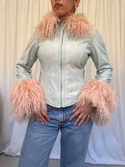 Mint Green Leather Jacket with Pink