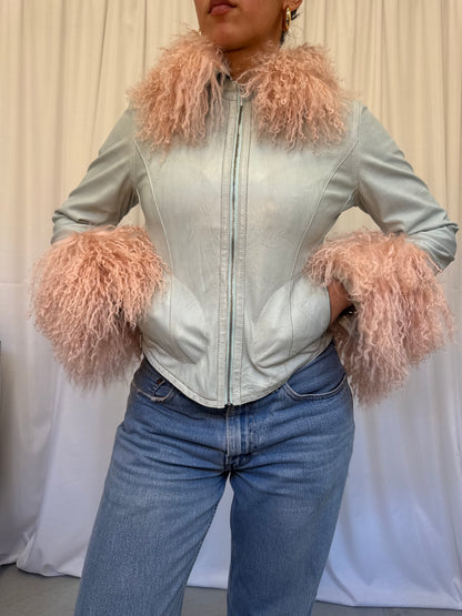 Mint Green Leather Jacket with Pink