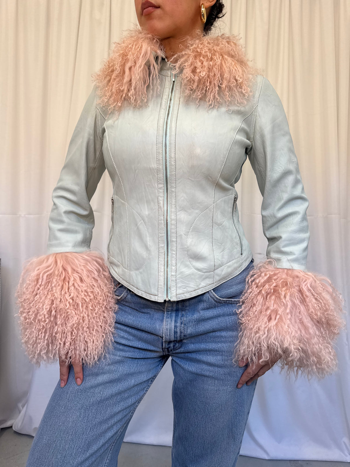 Mint Green Leather Jacket with Pink