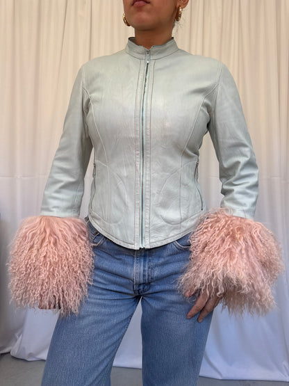 Mint Green Leather Jacket with Pink