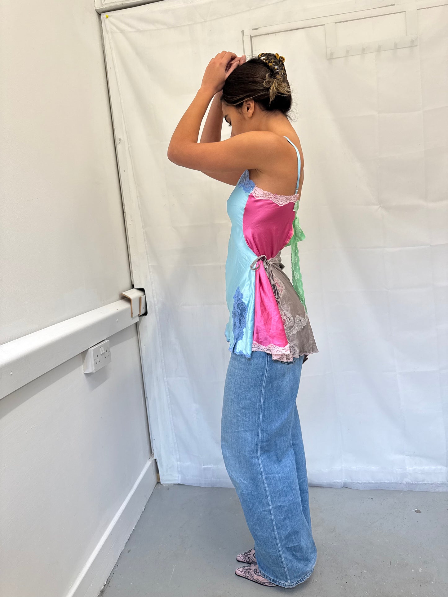 Upcycled blue and grey one-shoulder top