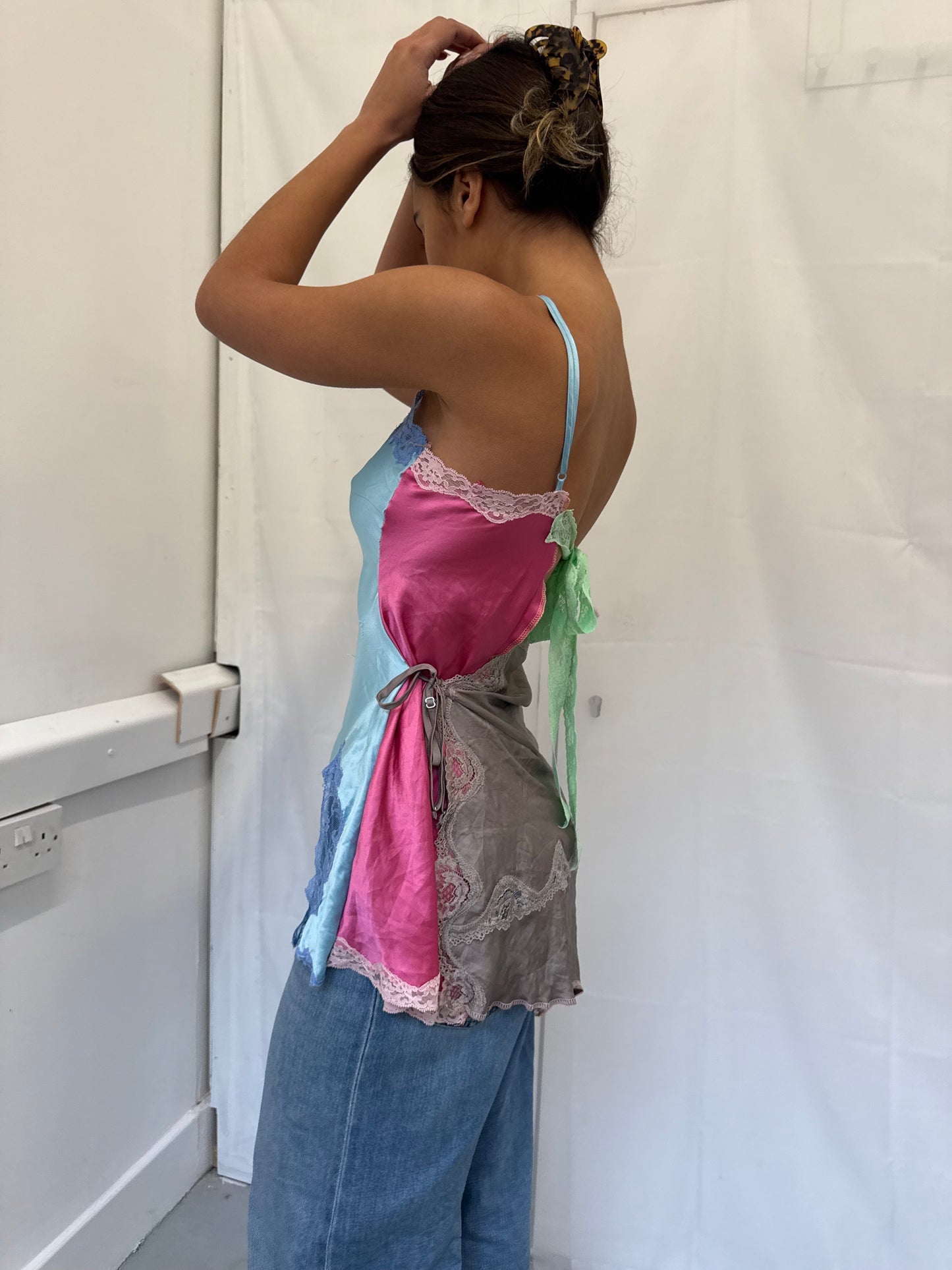 Upcycled blue and grey one-shoulder top