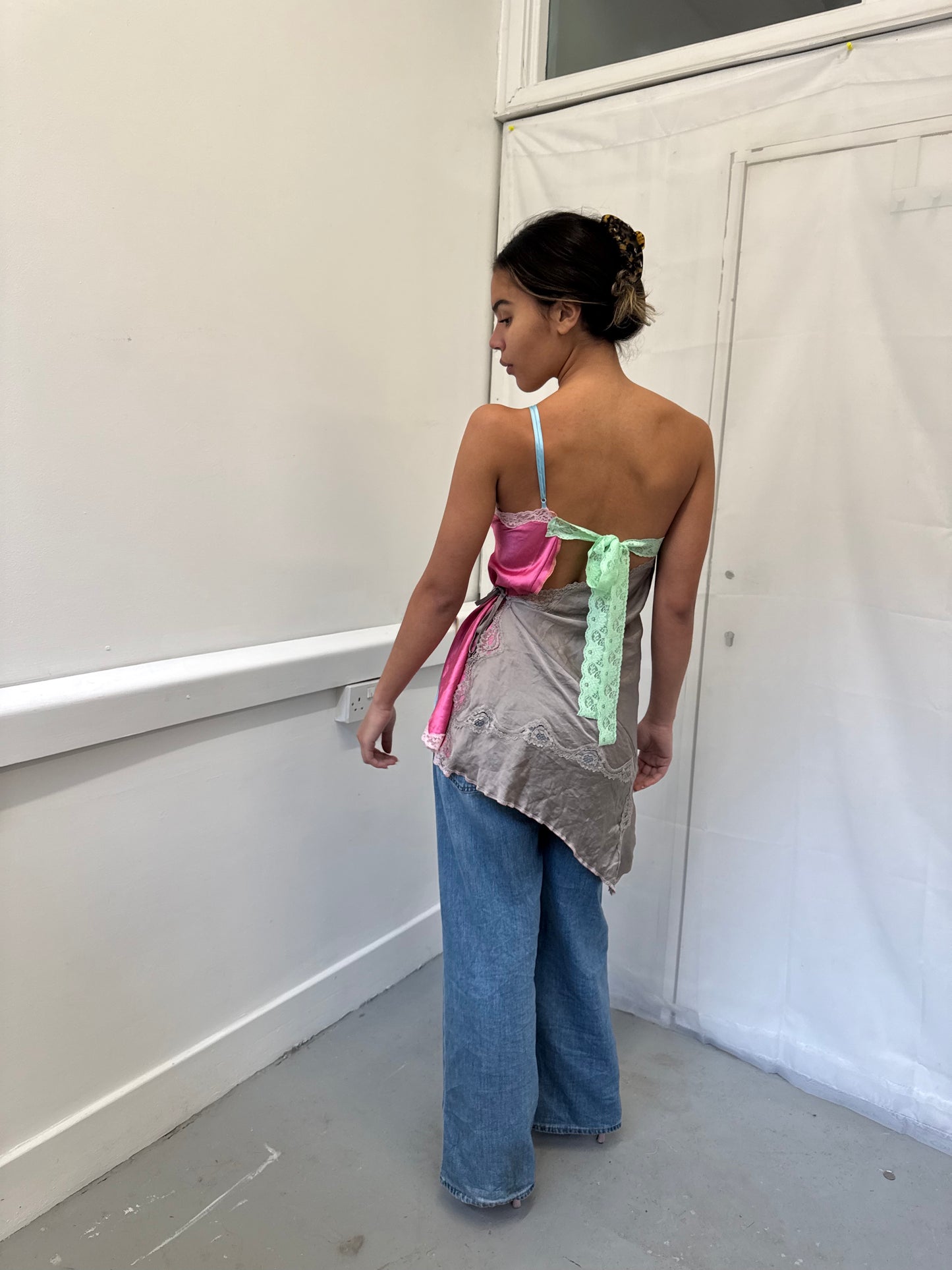 Upcycled blue and grey one-shoulder top