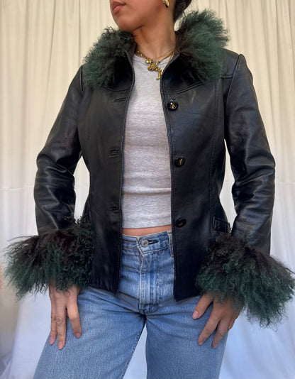 Black Leather Jacket with Ombre Dark Green