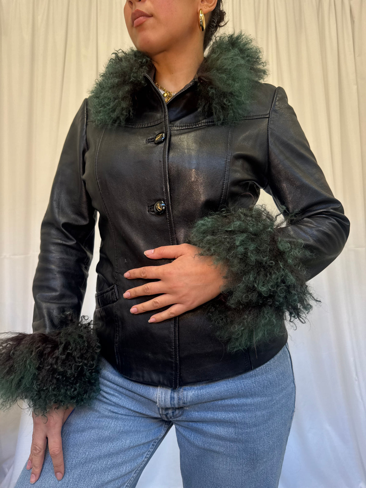 Black Leather Jacket with Ombre Dark Green